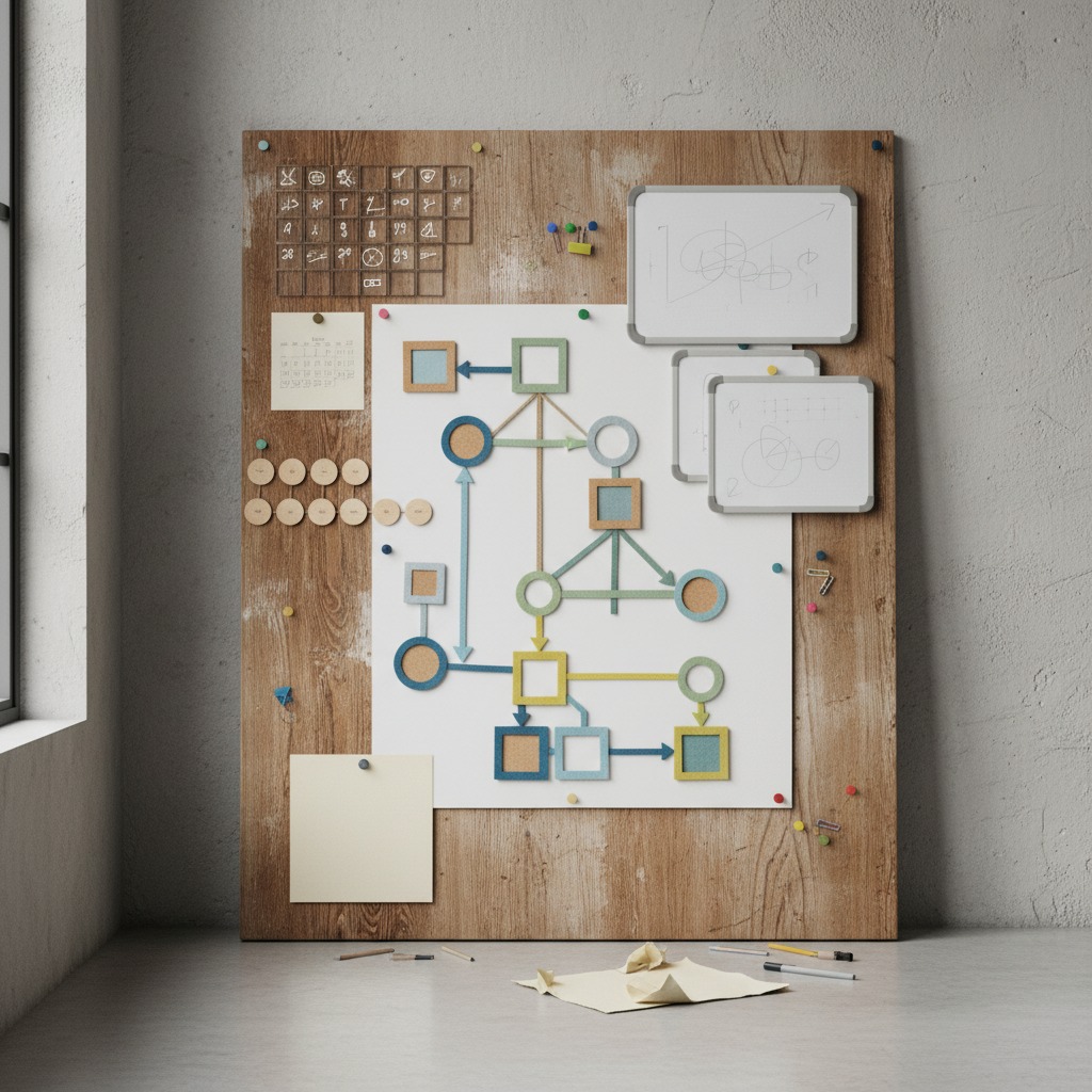 Ein großes Holzbrett an einer Wand zeigt ein komplexes Flussdiagramm aus bunten geometrischen Formen, Notizen und kleinen Whiteboards.