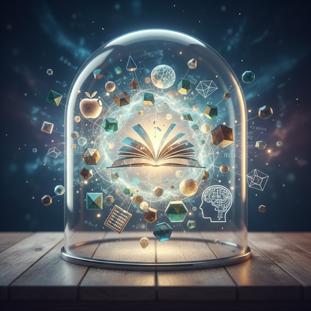 Ein aufgeschlagenes, leuchtendes Buch ist zusammen mit geometrischen Formen und einem Gehirn-Symbol unter einer Glasglocke auf einem Holztisch platziert.